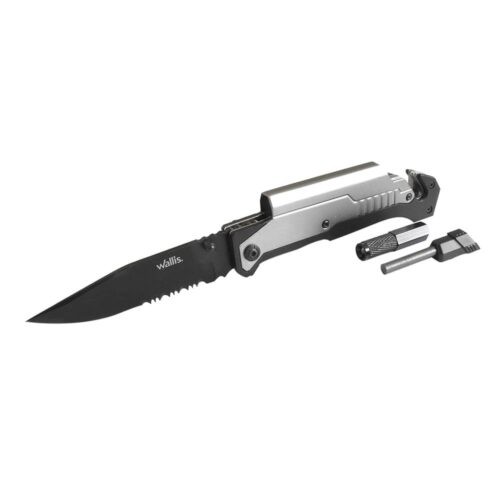 Navaja Con Mango *S.O.S. Metal Con Clip, LED Y Pedernal, Hoja Lisa-Sierra De 8.5 Cm De Largo