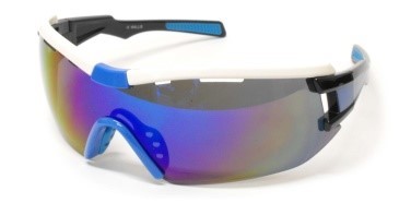 Lentes Deportivo armazon Blanco, Micas Humo, Espejo Tornasol, Varillas Negro Con Azul